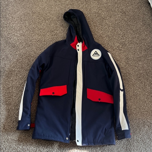 Mens Jacket Red White Blue Outdoor USA Pockets Quilted Lining Hood - Picture 1 of 2
